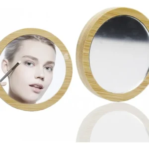 Espejo De Bolsillo En Bambú Redondo Cosmetiquera Maquillaje
