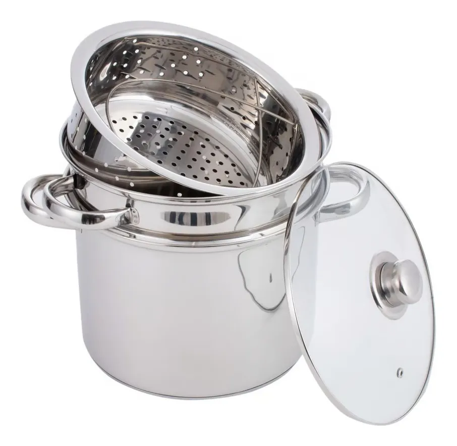 Olla Vaporera Pastera 8 Litros Tapa En Vidrio En Acero Plateado